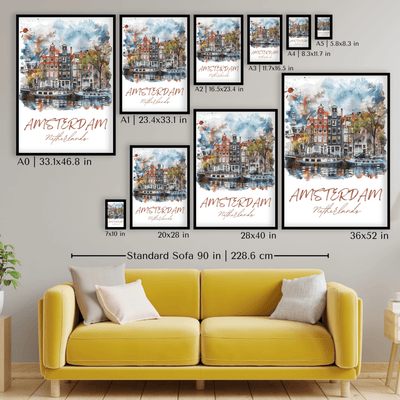 Amsterdam, Netherlands - Watercolor Canal View - Travel Destinations Poster