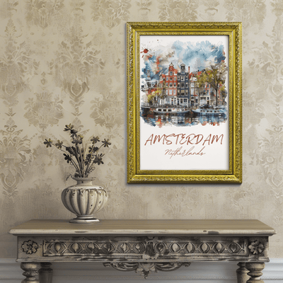 Amsterdam, Netherlands - Watercolor Canal View - Travel Destinations Poster