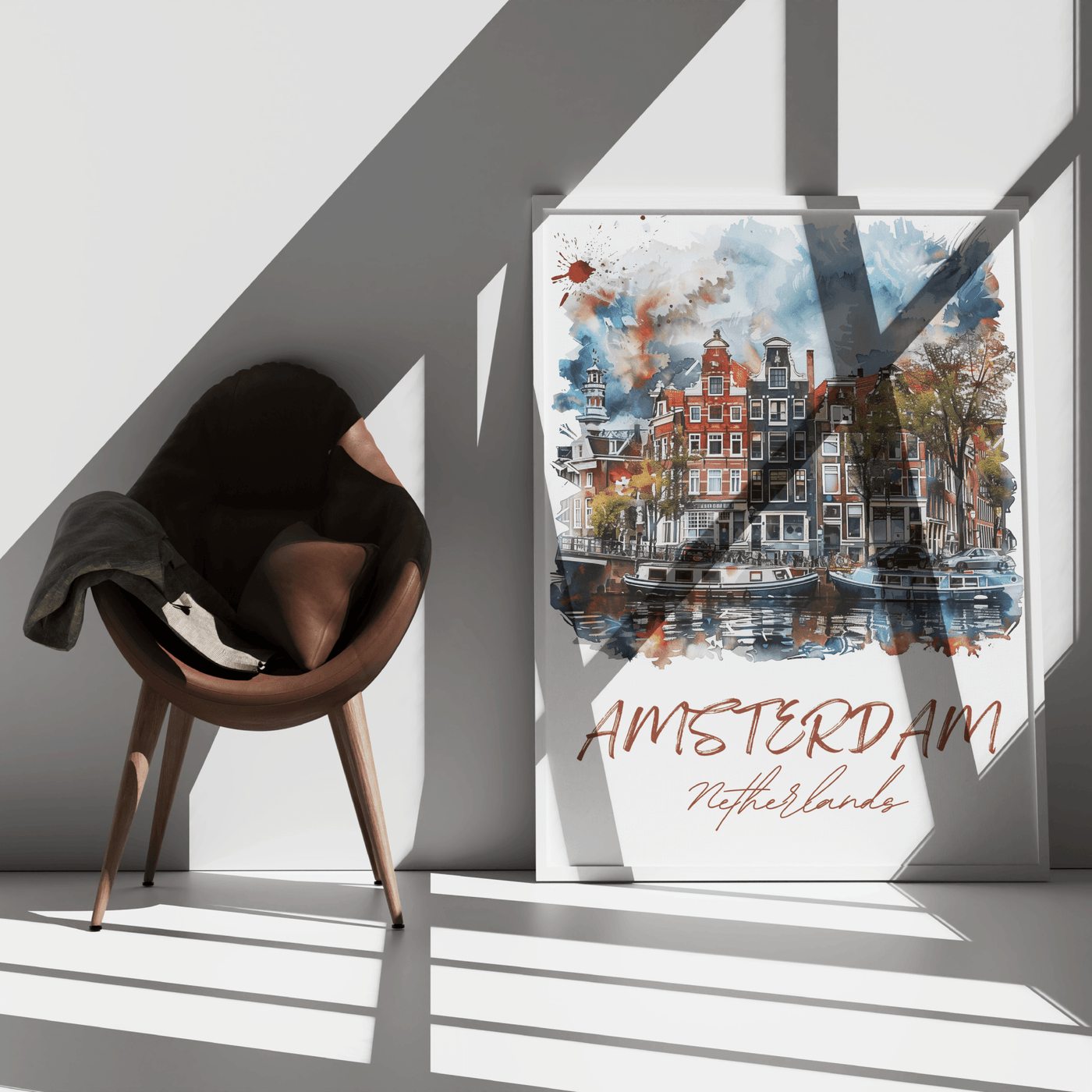 Amsterdam, Netherlands - Watercolor Canal View - Travel Destinations Poster