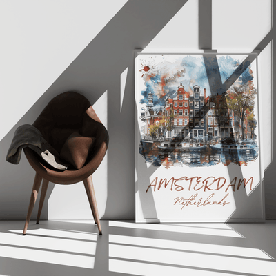 Amsterdam, Netherlands - Watercolor Canal View - Travel Destinations Poster