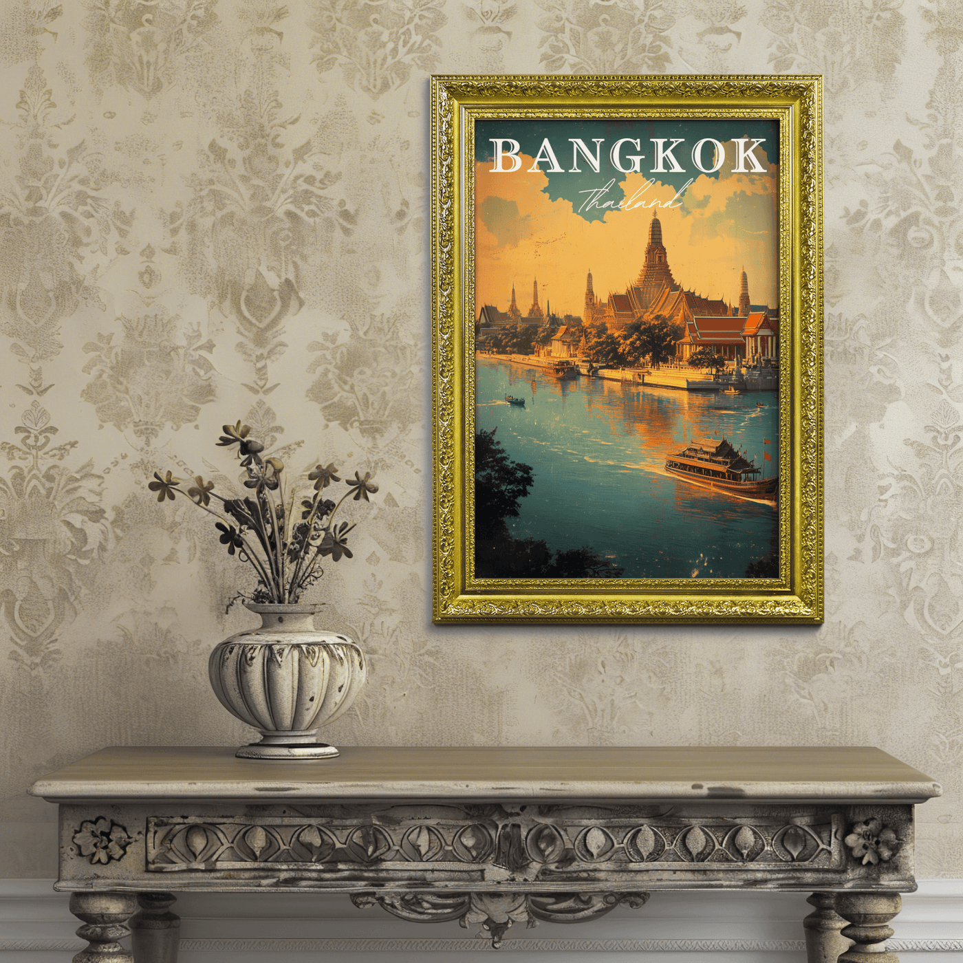 Bangkok, Thailand - Vintage River Scene - Travel Destinations Poster