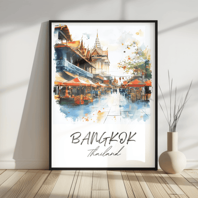 Bangkok, Thailand - Watercolor Street Market Scene - Travel Destinations Poster