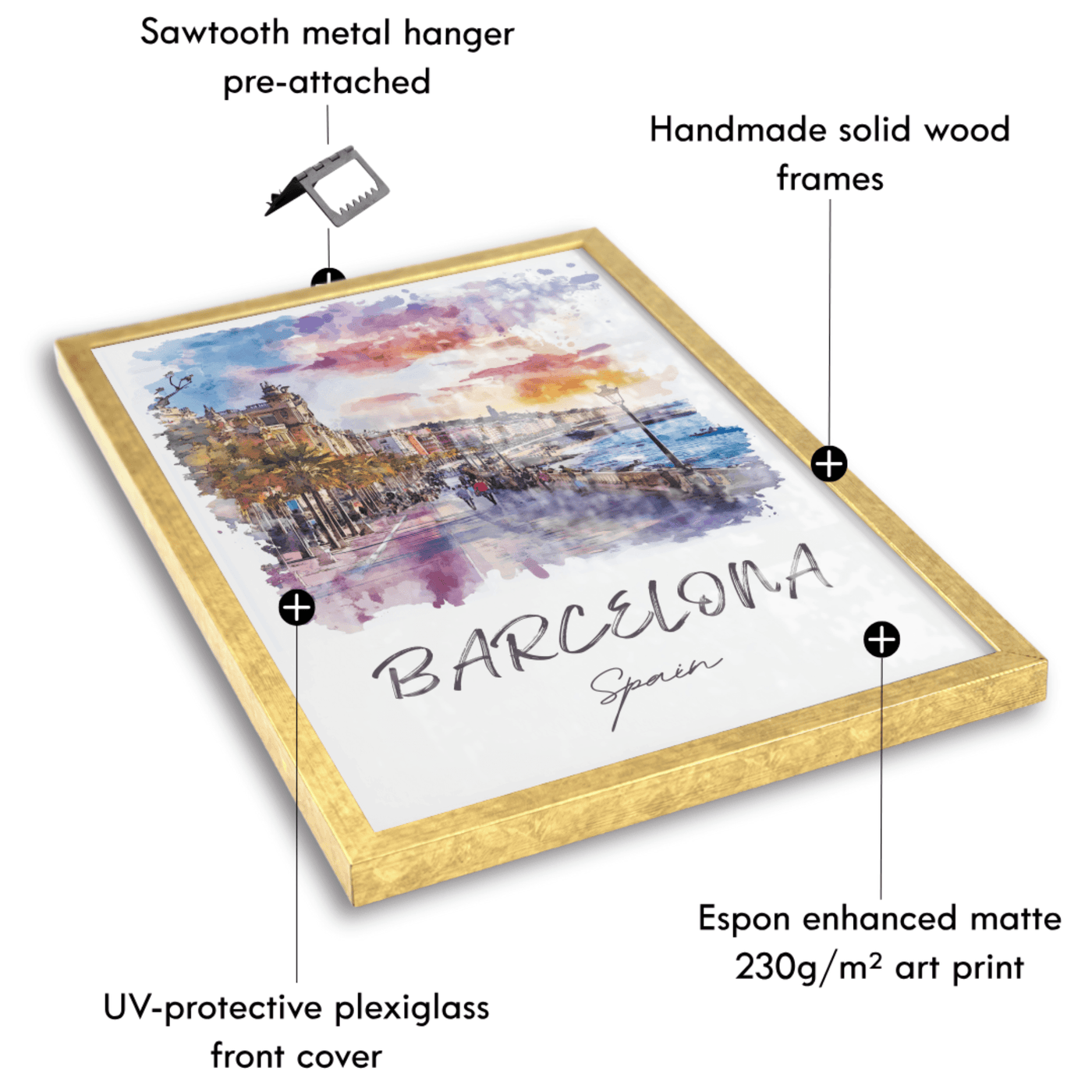 Barcelona, Spain - Watercolor Seaside Promenade - Travel Destinations Poster