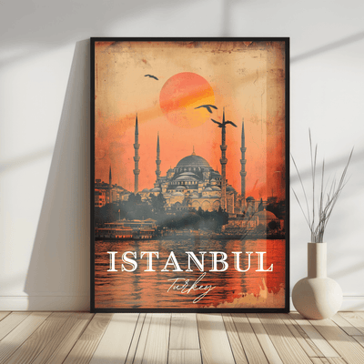 Istanbul, Turkey - Vintage Sunset Skyline - Travel Destinations Poster