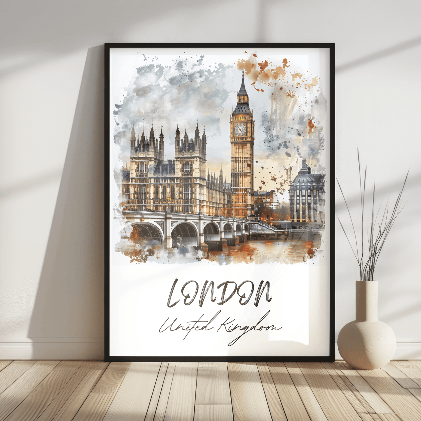 London, United Kingdom - Watercolor Skyline - Travel Destinations Poster