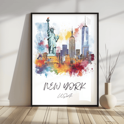 New York, USA - Watercolor Skyline with Statue of Liberty - Travel Destinations Poster