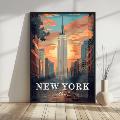 New York, USA - Retro Sunset Skyline - Travel Destinations Poster
