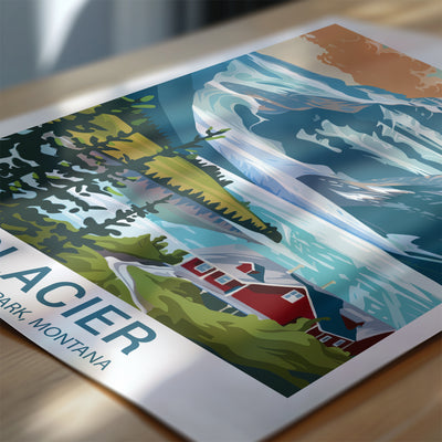 Glacier National Park Poster – Retro Montana Landscape Print - Wanderlust Posters