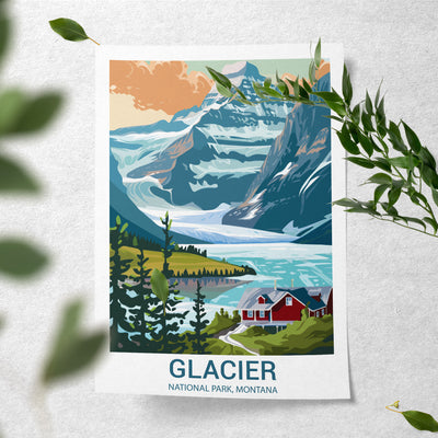 Glacier National Park Poster – Retro Montana Landscape Print - Wanderlust Posters