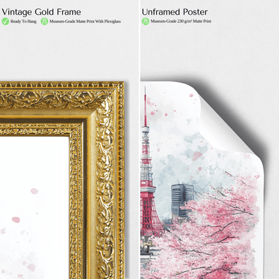 Tokyo, Japan - Watercolor Skyline with Cherry Blossoms - Travel Destinations Poster