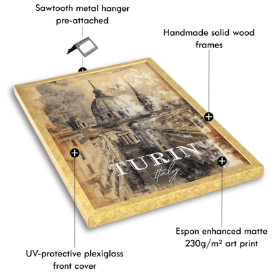 Turin, Italy - Vintage Skyline Art - Travel Destinations Poster